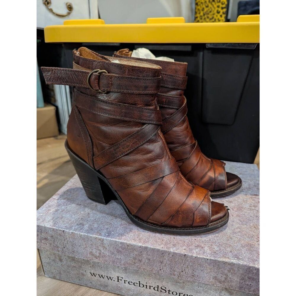 Freebird by Steven Joker Peeptoe Booties Women's 9 Cognac